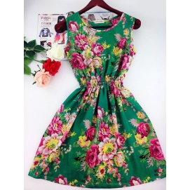 Summer-Autumn Floral Print Dress Green