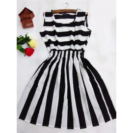Summer-Autumn Print Dress Black and White stripes