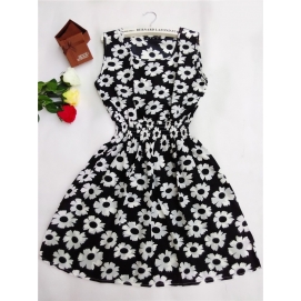 Summer-Autumn Floral Print Dress Black and White