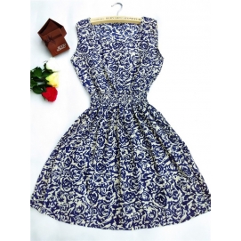 Summer-Autumn Floral Print Dress Blue
